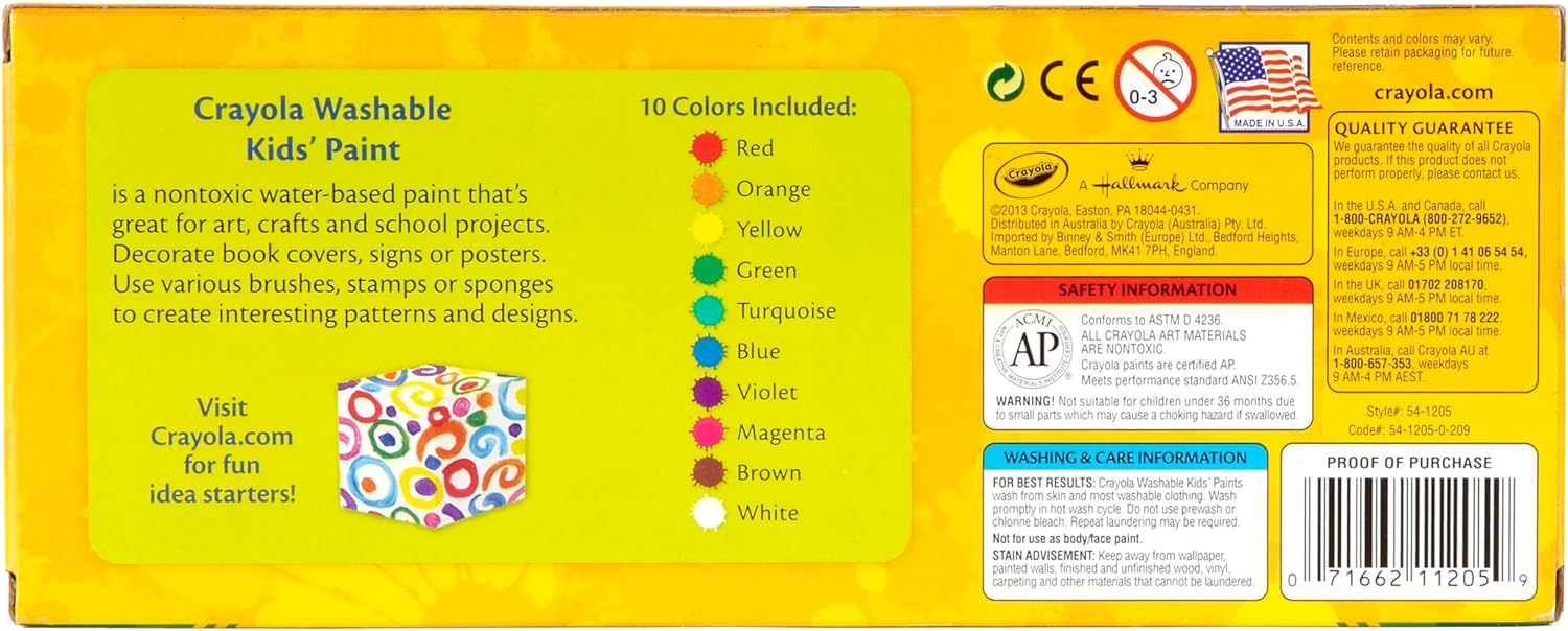 Crayola Washable Kids Set Activity Paint, Multi 10 per