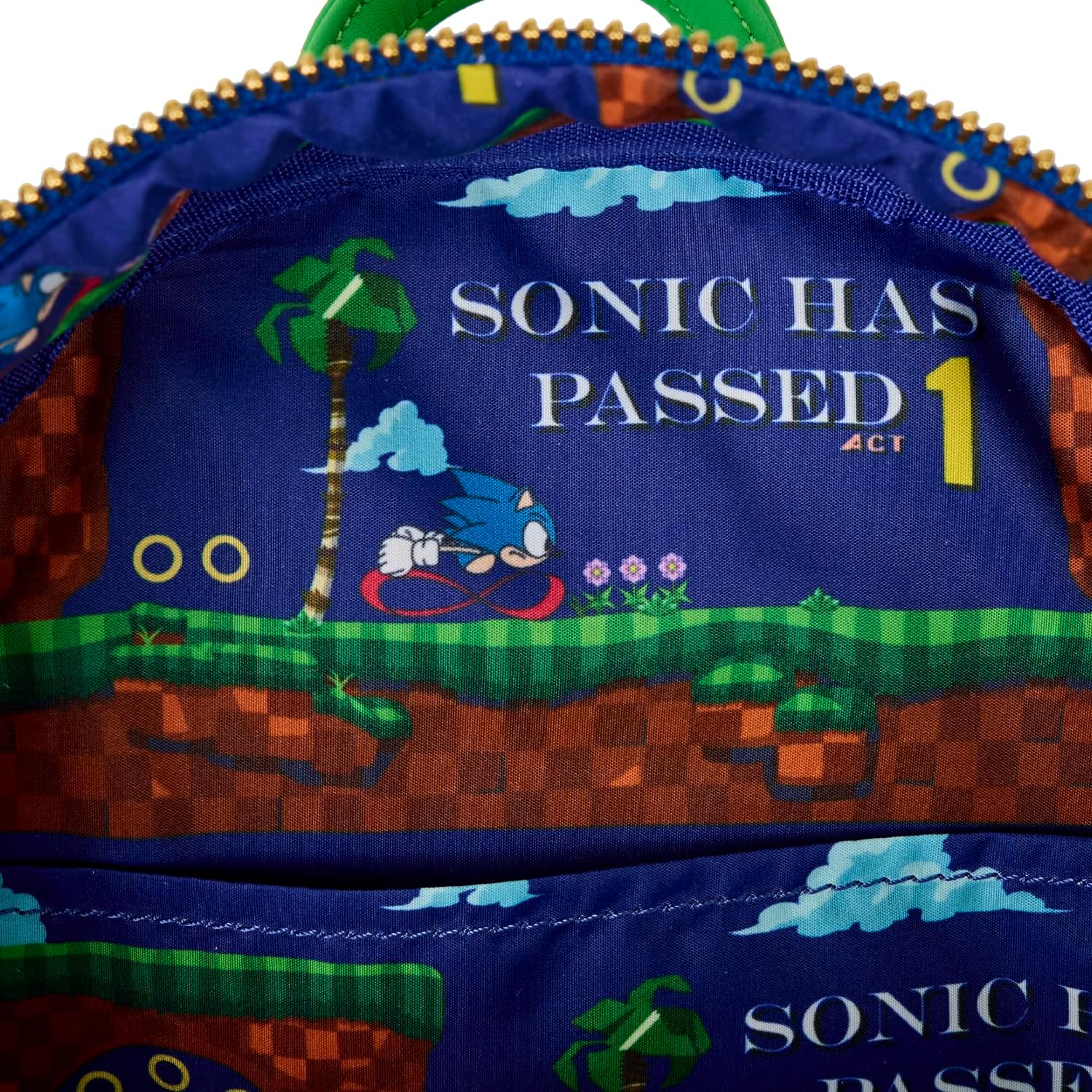 Backpack with Sonic the Hedgehog design, featuring text and graphics.