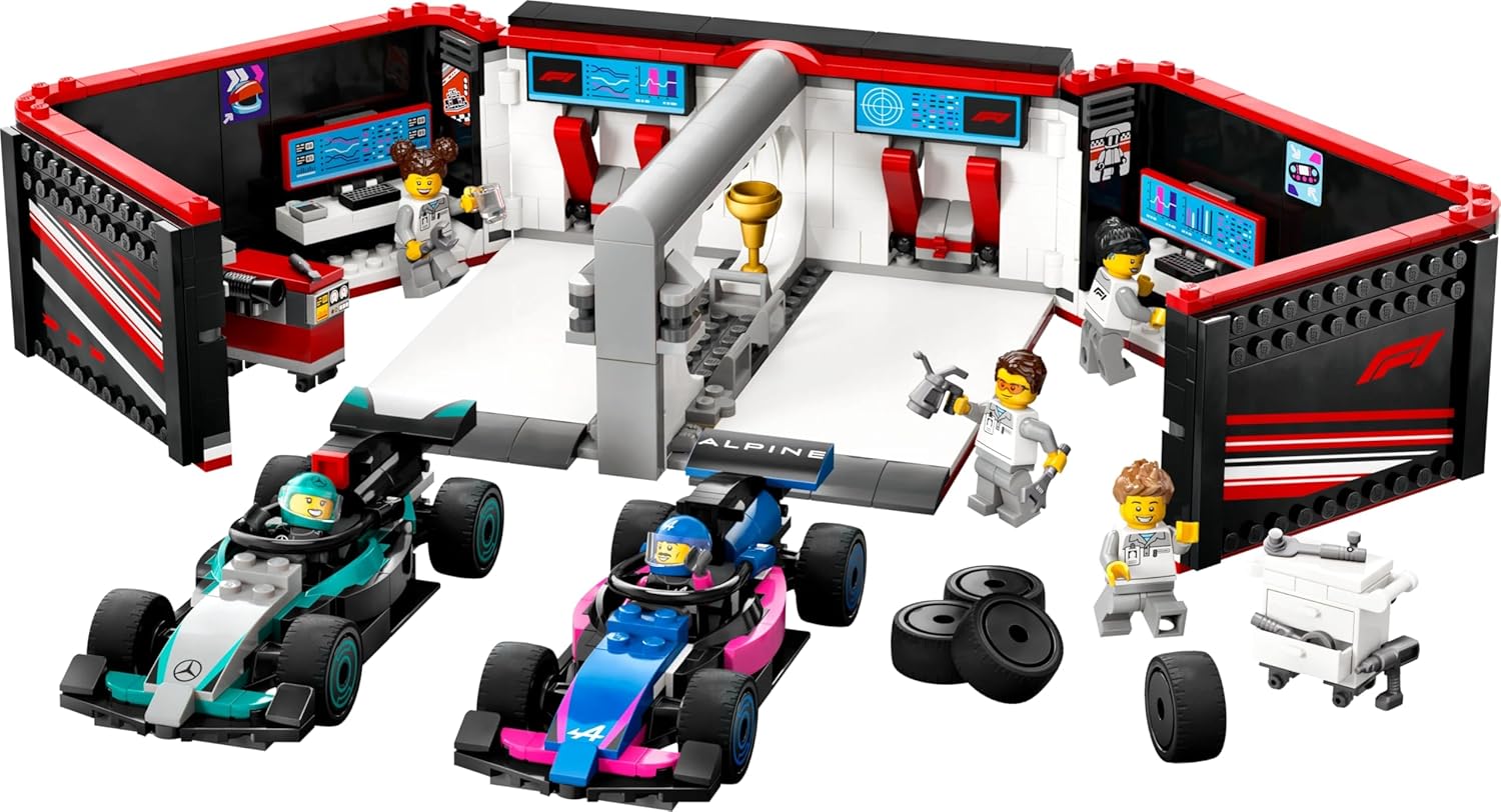 LEGO City 60444 F1 Garage & Mercedes-AMG & Alpine Cars - Toy Formula 1 Racing Vehicles Set with 2 Drivers & 4 Mechanic Minifigures