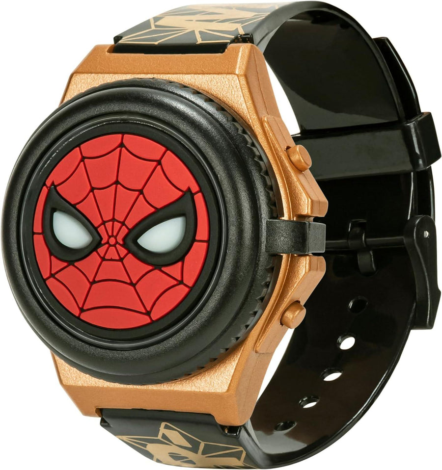 Marvel Spider-Man Kids' LCD Watch – Light-Up Flip Top Design with Glowing Eye Cover, Gold-Tone Accents, and Adjustable Silicone Strap – Durable and Fun for Ages 5+