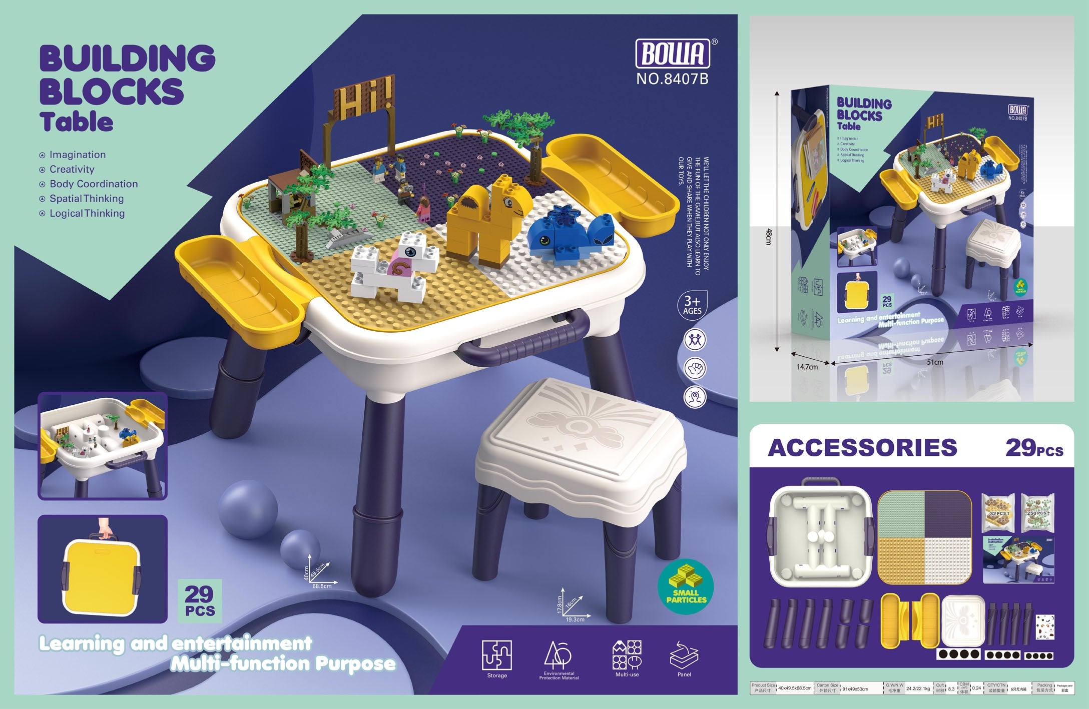 Multifunctional Building Block Table with Stool – 2-in-1 Learning and Play Set - 29 PCS