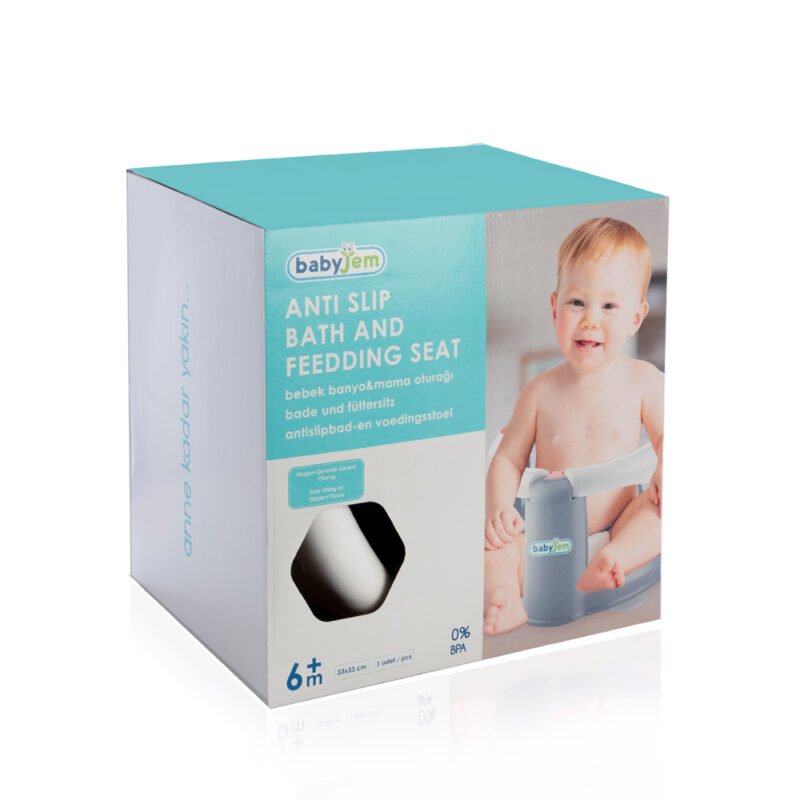 Box of babyjem anti-slip bath and feeding seat with a child using the product 
