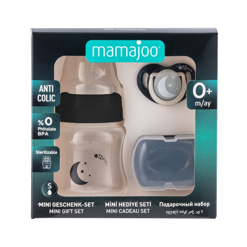 Mamajoo Mini Baby Gift Set with Anti-Colic Bottle & Soother – Black Night&Day, 160ml