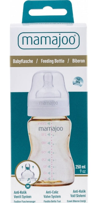 Mamajoo Gold Baby Feeding Bottle with Anti-Colic Silicone Teat Medium – 250ml