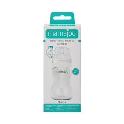 Mamajoo Silver Baby Feeding Bottle with Anti-Colic Silicone Teat Medium – 250ml