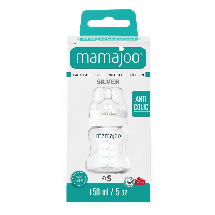 Mamajoo Silver Baby Feeding Bottle with Anti-Colic Silicone Teat Small – 150ml