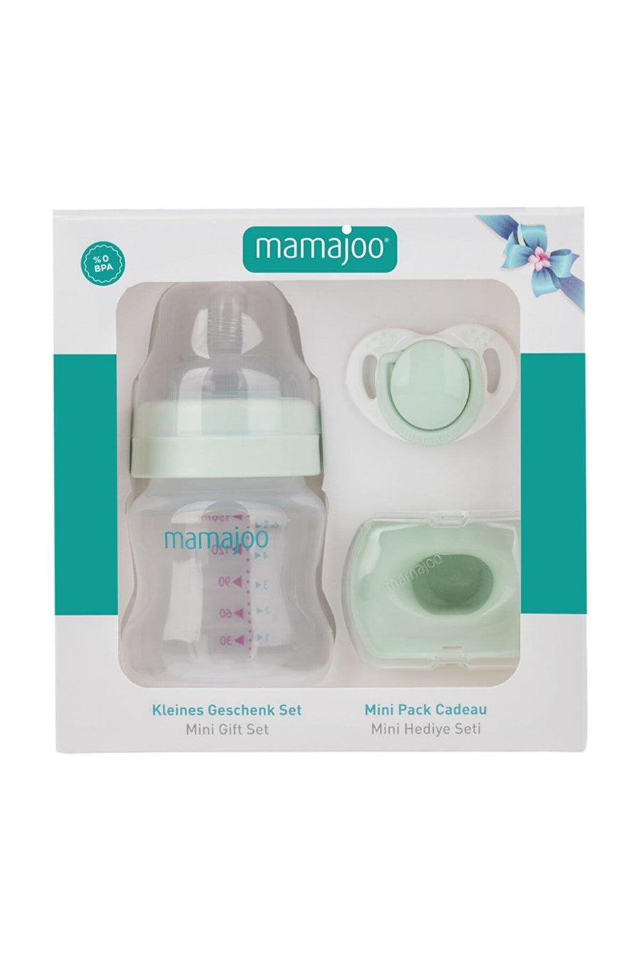 Mamajoo Mini Baby Gift Set with Anti-Colic Bottle & Soother – Powder Green, 150ml