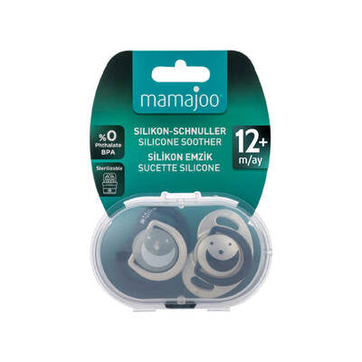 Mamajoo Twin Orthodontic Silicone Soothers with Sterilization Box – Black & Pearl Night & Day, 12m+