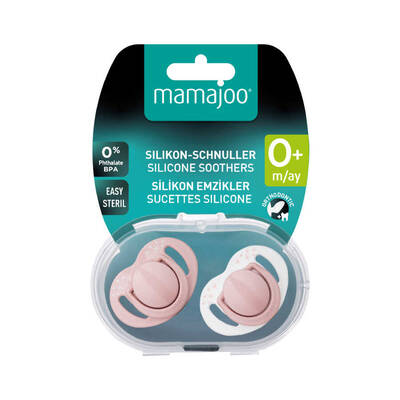 Mamajoo Twin Orthodontic Silicone Soothers with Sterilization Box – Powder Pink, 0m+