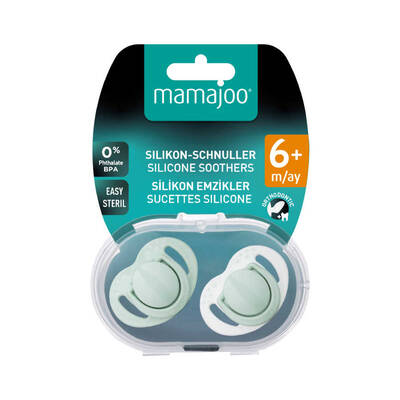 Mamajoo Twin Orthodontic Silicone Soothers with Sterilization Box – Powder Green, 6m+