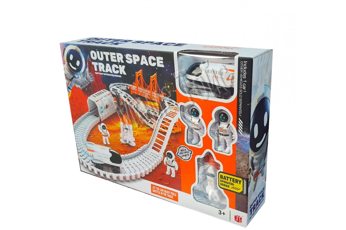 Space track with battery powered car, rocket, cosmonauts (888-75)