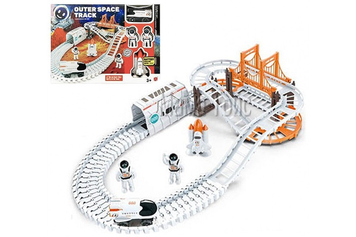 Space track with battery powered car, rocket, cosmonauts (888-75)