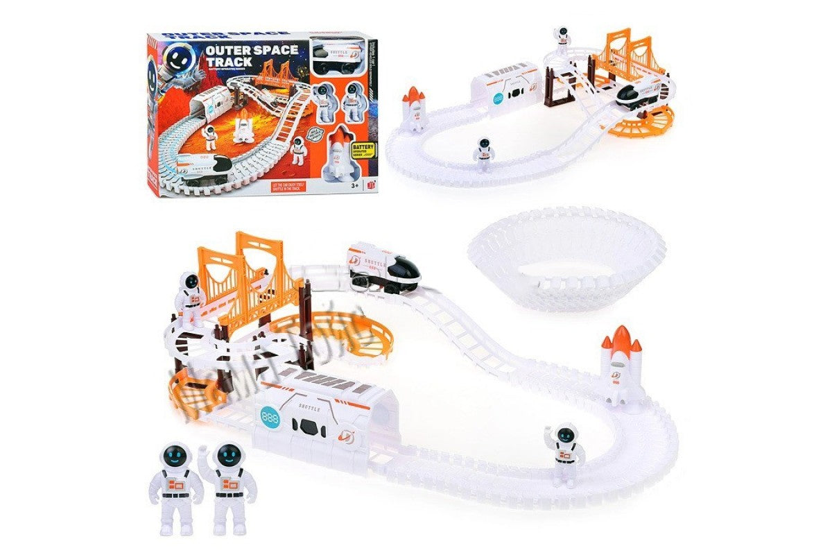 Space track with battery powered car, rocket, cosmonauts (888-75)