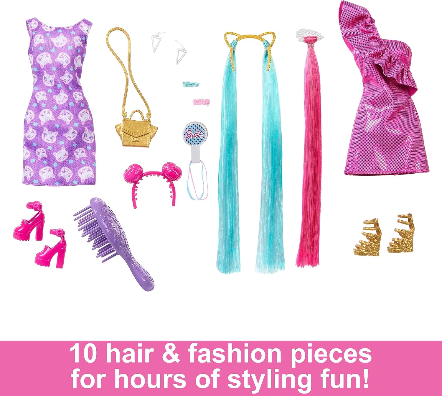 Barbie Doll, Fun & Fancy Hair with Extra-Long Colorful Blonde Hair and Glossy Pink Dress, 10 Hair and Fashion Play Accessories