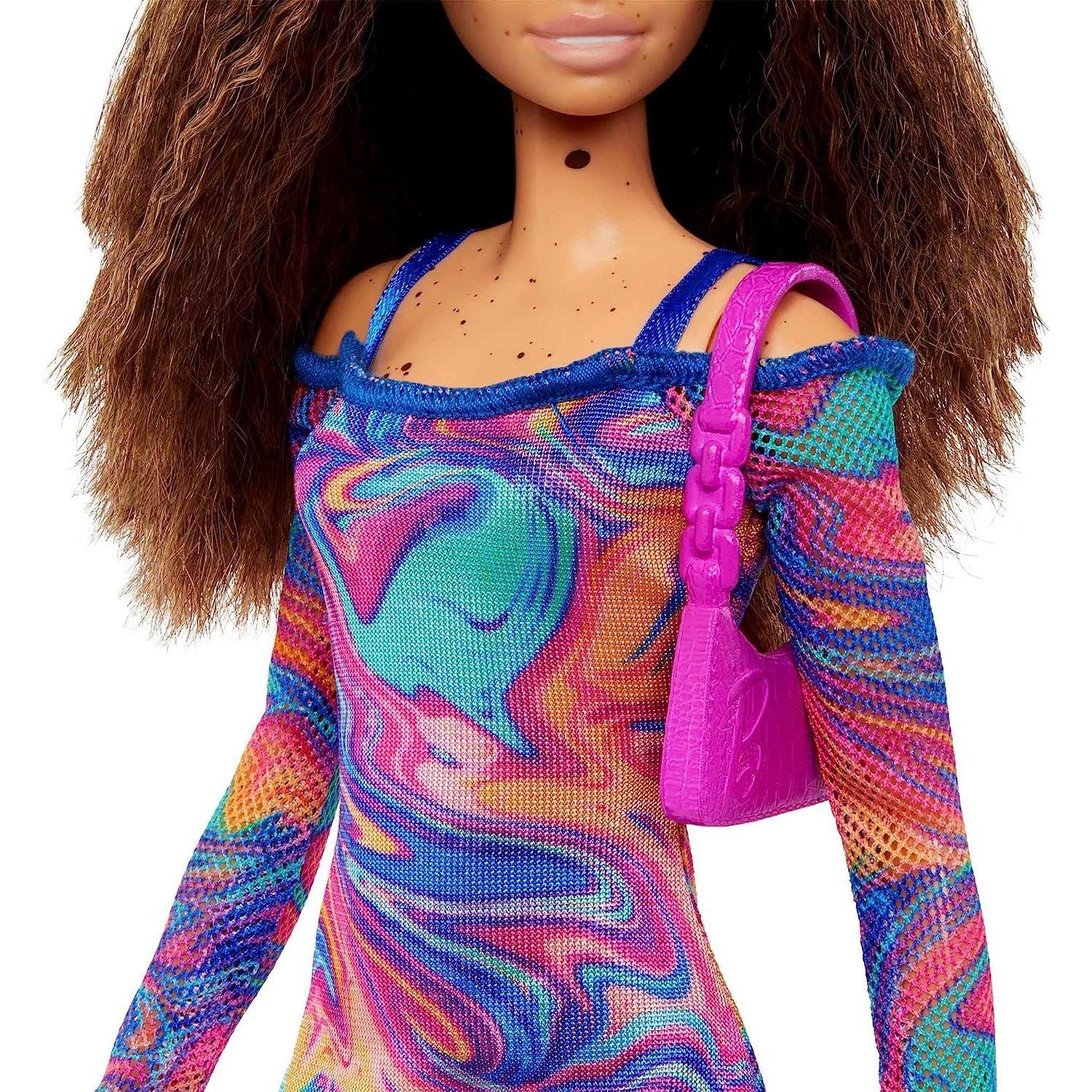 Barbie Fashionistas Doll #206 with Crimped Hair & Freckles, Rainbow Marble-Print Dress, Green Mules & Purse