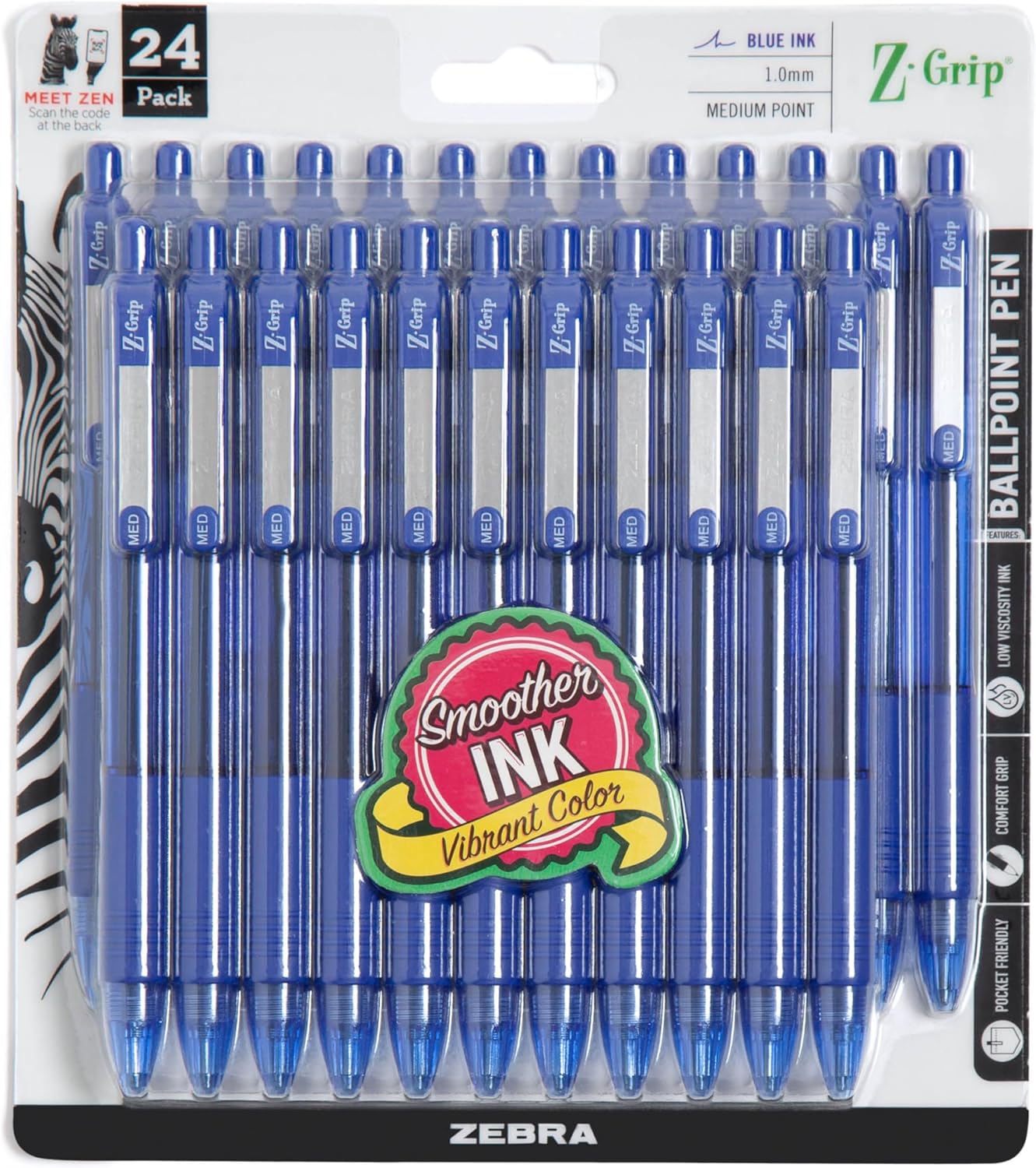 Zebra Pen Z-Grip Retractable Ballpoint Pen, Smooth-Flowing Blue Ink, 1.0mm Medium Point, School Supplies, Teacher Supplies and Office Supplies, 24-Pack