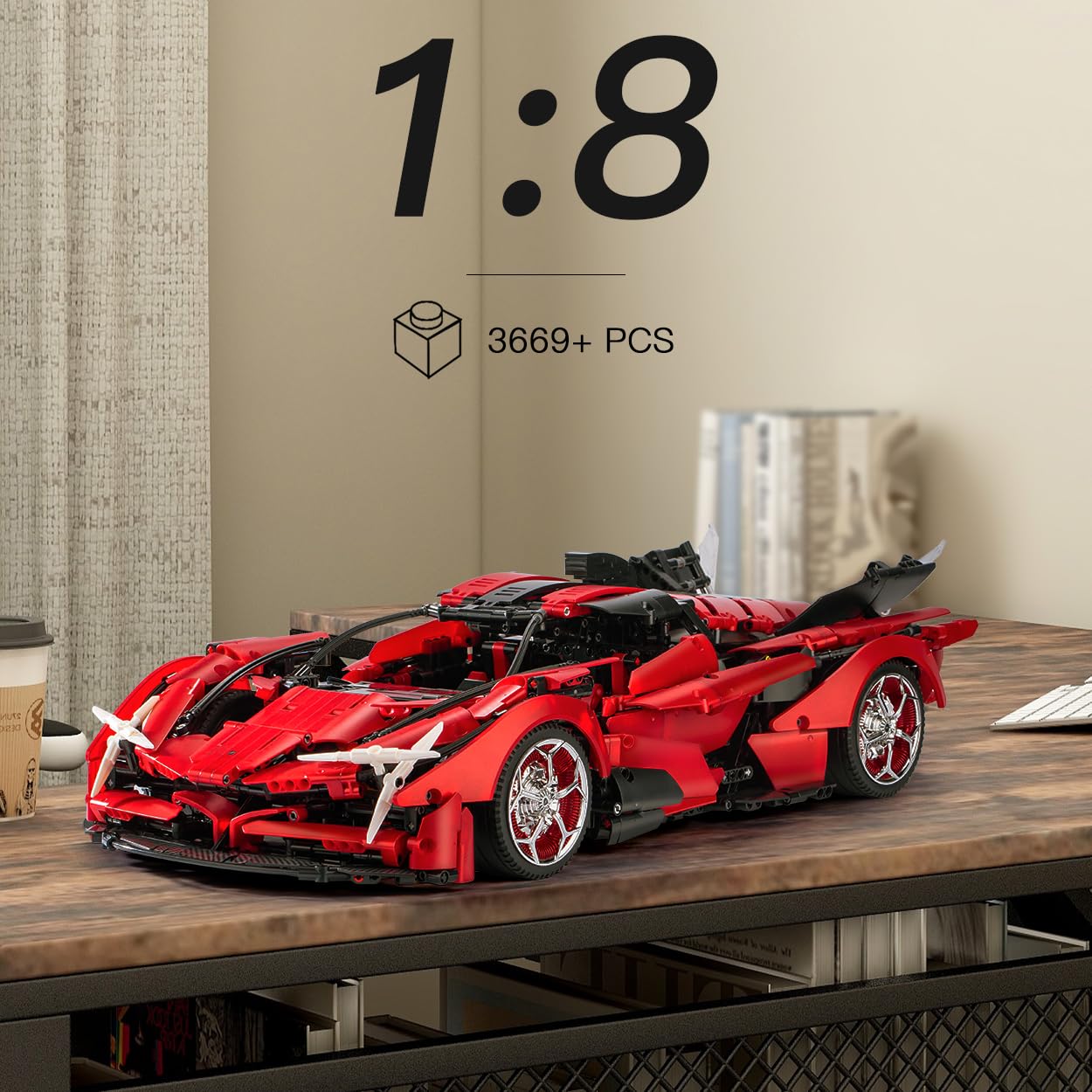 Red sports car model made of building blocks on a wooden table with '1:8' and '3669+ PCS' 