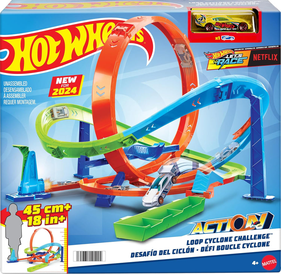 مجموعة مسار سيارات لعبة Hot Wheels ومجموعة ألعاب Action Loop Cyclone Challenge ومركبة بمقياس 1:64 