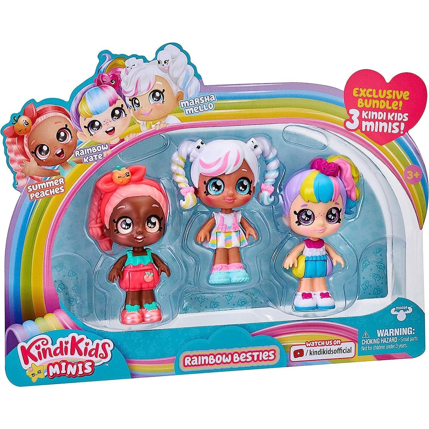 Kindi Kids Minis - Rainbow Besties - 3 Pack Collectible Posable Bobble Head Figure - BumbleToys - 5-7 Years, Fashion Dolls & Accessories, Girls, Kindi Kids