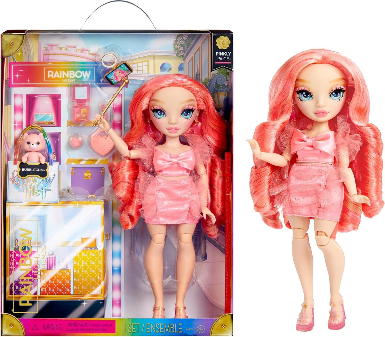 Rainbow High Pinkly - Pink Fashion Doll in Fashionable Outfit, with Glasses & 10+ Colorful Play Accessories