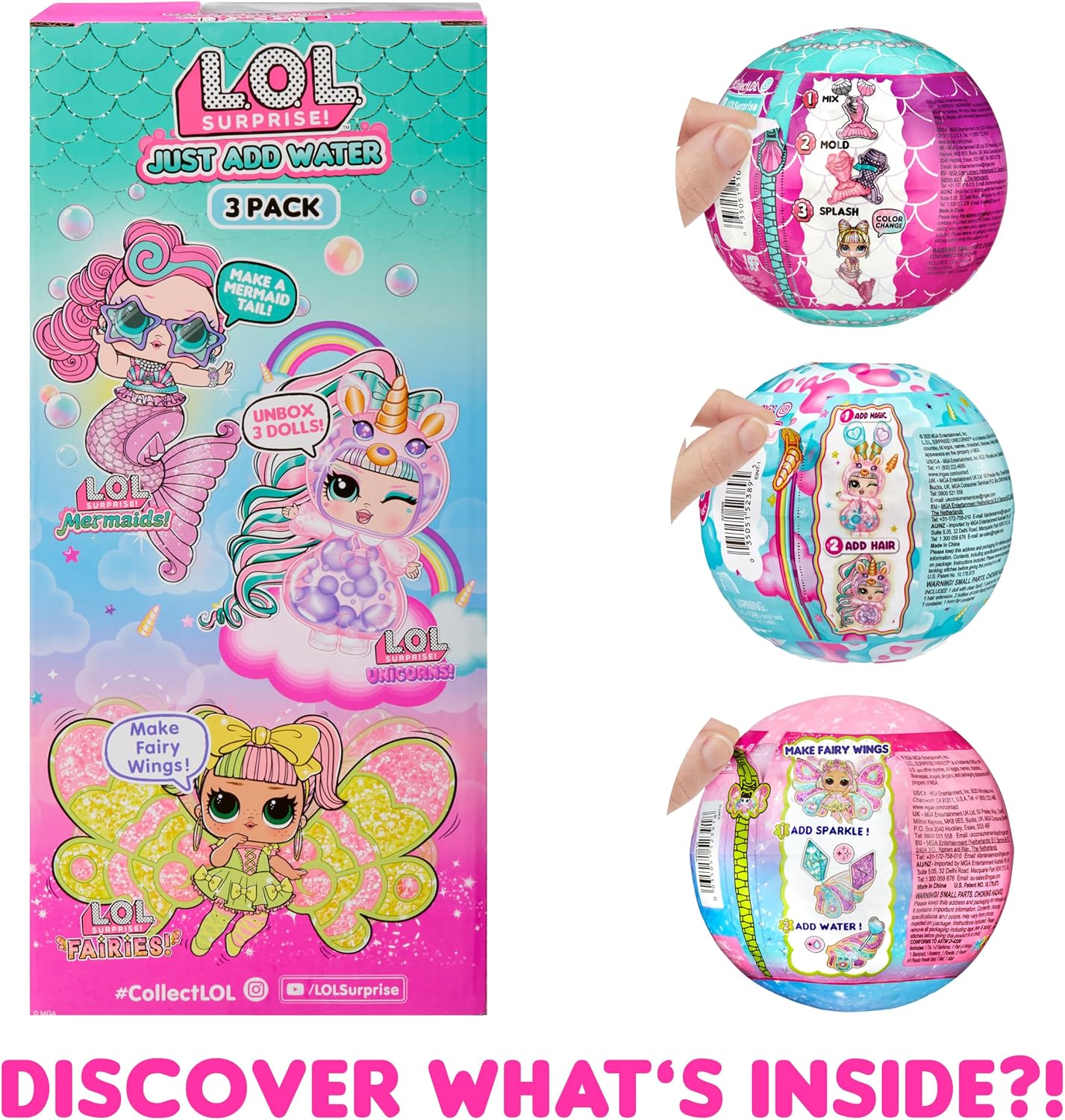 LOL Surprise Tots Just Add Water 3-Pack with 3 Make-Your-Own Fantasy Dolls and 25+ Surprises to UNbox Including Mermaid, Fairy, and Unicorn Dolls and Magical Crafts