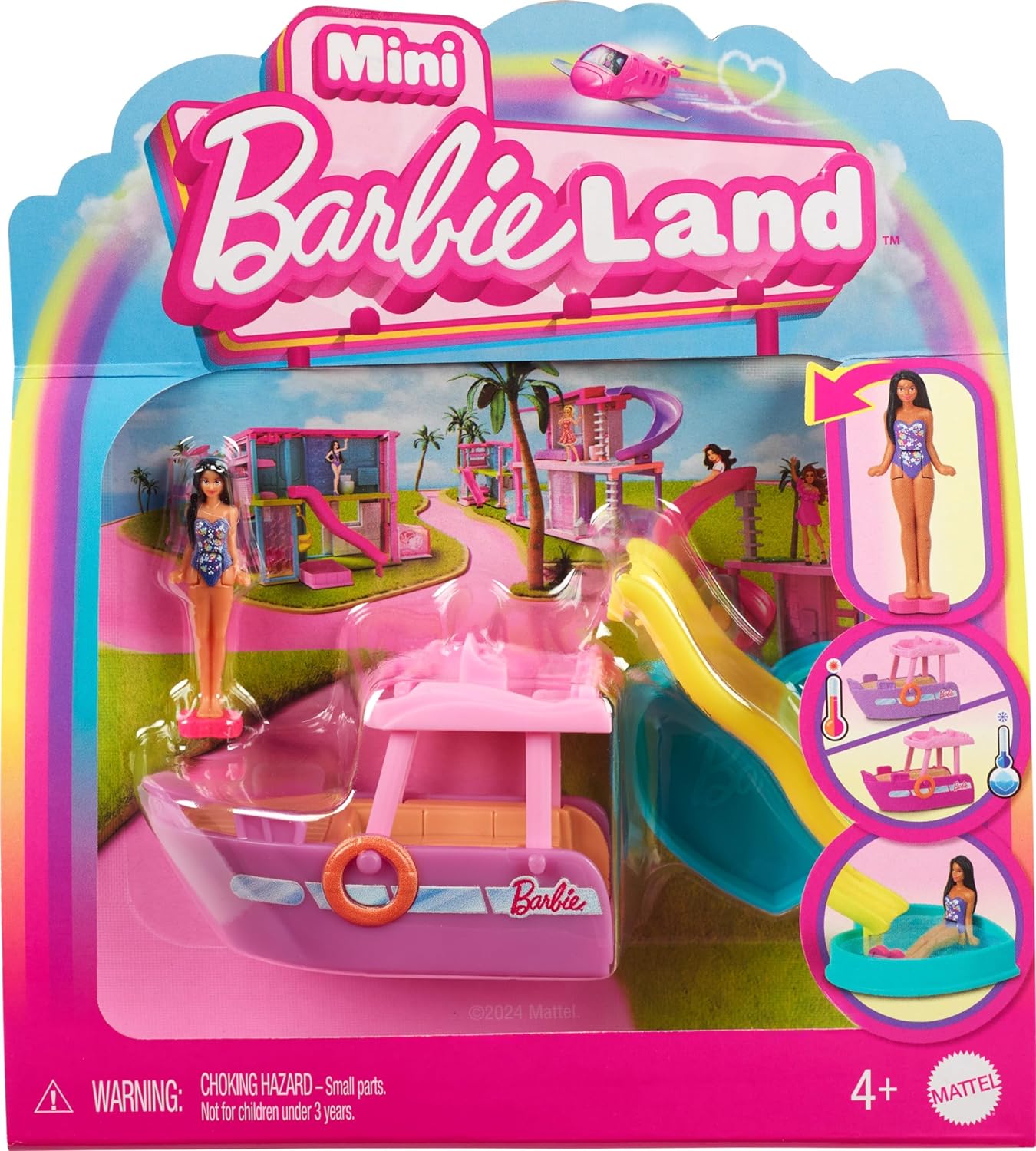 مجموعة باربي ميني باربي لاند ودمية ومركبات لعبة، دمية 1.5 بوصة وقارب أحلام مع مفاجأة متغيرة اللون