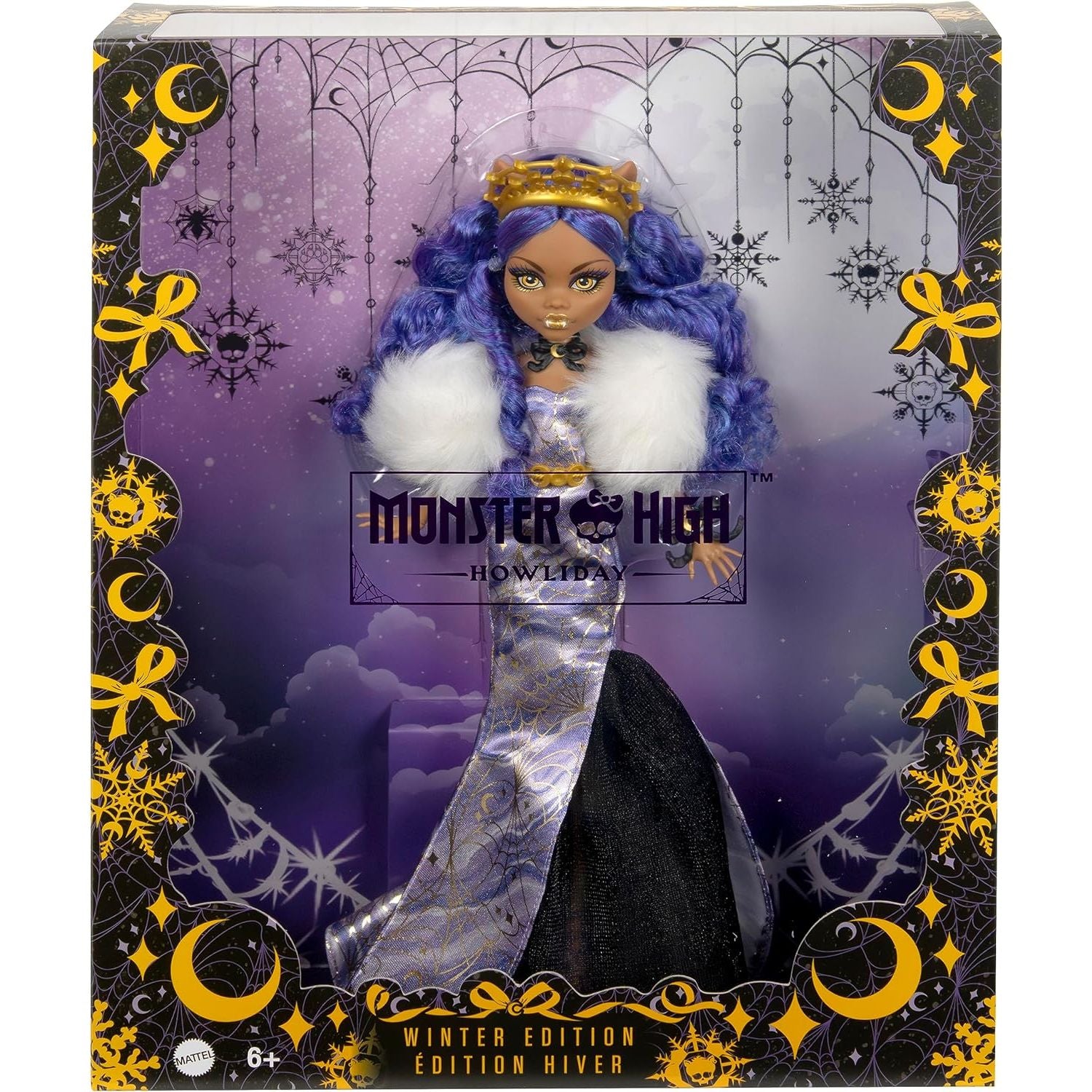 دمية Monster High، Clawdeen Wolf Howliday القابلة للتجميع في ثوب ICY Lavender مع أفعى فروي وإكسسوارات