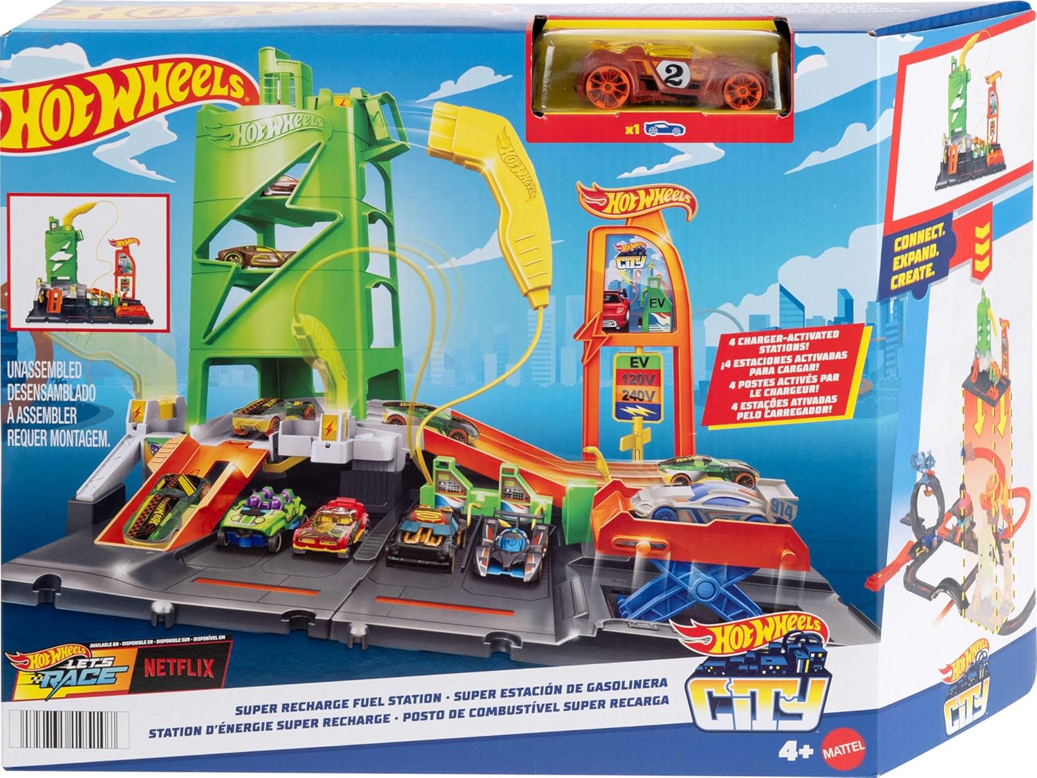 Hot Wheels City Track Set, Super Recharge Fuel Station Playset with EV Chargers & 1:64 Scale Toy Car