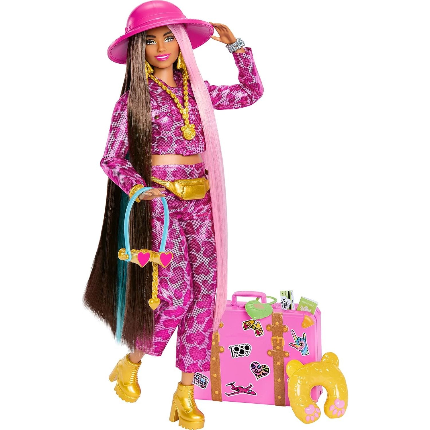 دمية باربي مع أزياء سفاري، وذبابة باربي الإضافية، وزي وردي مطبوع على شكل حيوانات وحقيبة وردية