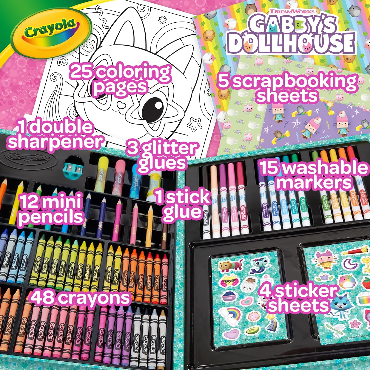 CRAYOLA - Inspiration Art Case - Gabby's Dollhouse Colour Case - Ideal for Drawing and Coloring, 115 Pieces, Marker, Wax Crayons and Pencils