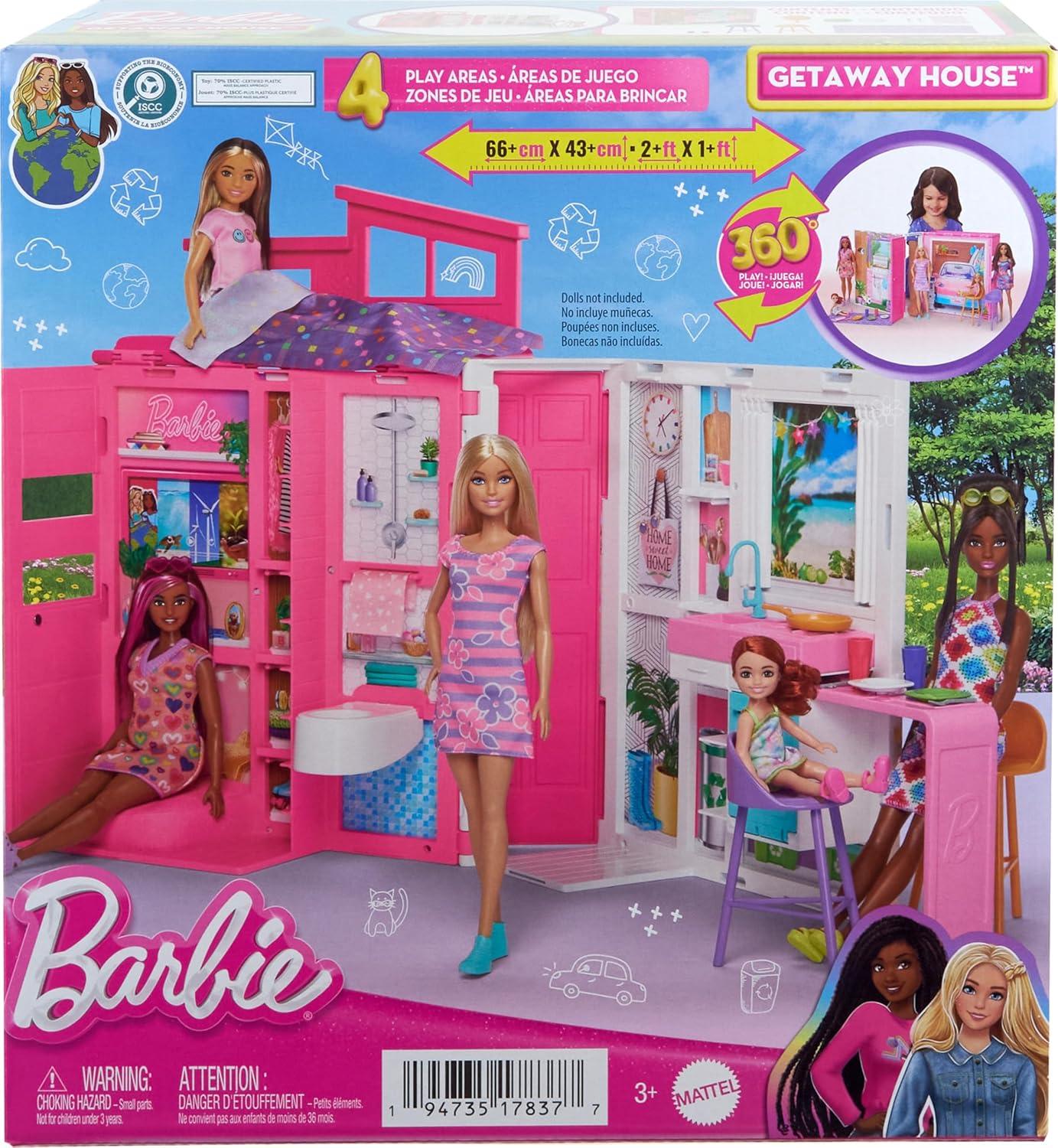 Barbie Doll House Playset, Getaway House with 11 Accessories Including 2 Chairs, 4 Play Areas & 360-degree Play