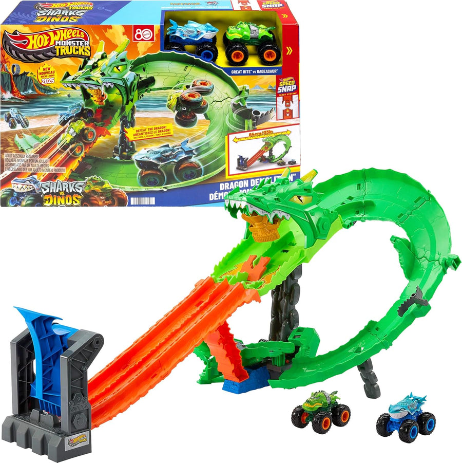 Hot Wheels Monster Trucks Sharks vs. Dinos Dragon Destruction Playset and 2 Toy Trucks