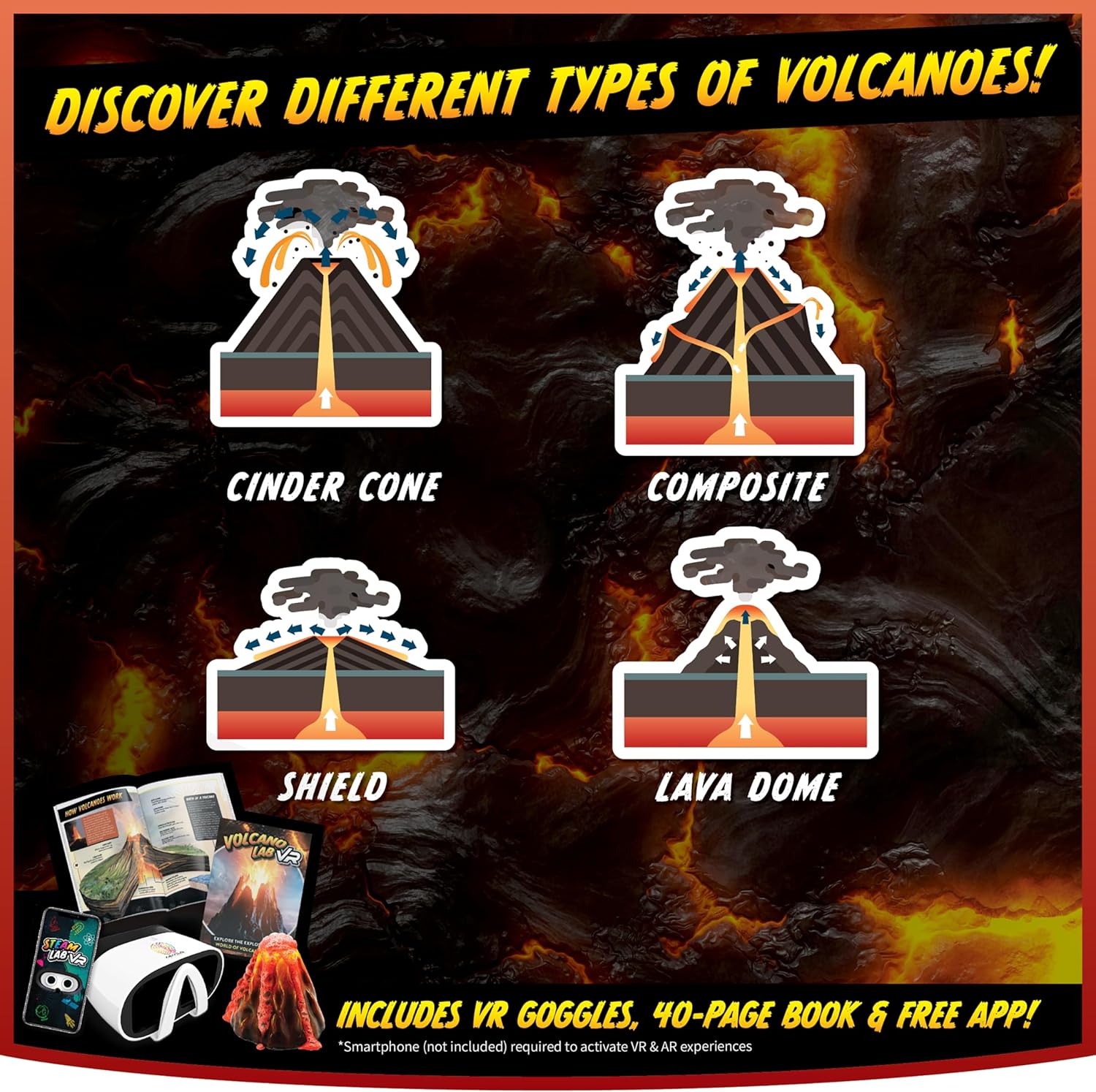 Abacus Brands STEAM Volcano Lab VR - Build and Erupt Your Own Volcano - Virtual Reality Kids Science Kit, Book and Interactive STEAM Learning Activity Set - for Ages 8 and Up