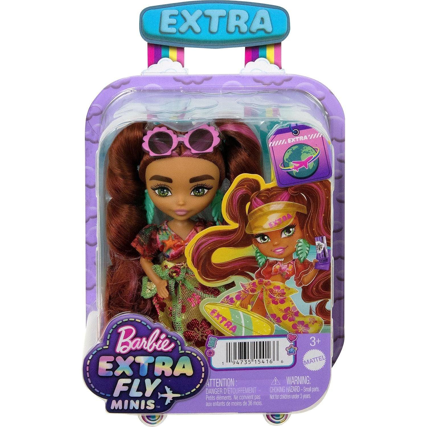 Barbie Extra Minis Travel Doll with Beach Fashion, Barbie Extra Fly Small Doll, Tropical Outfit with Accessories