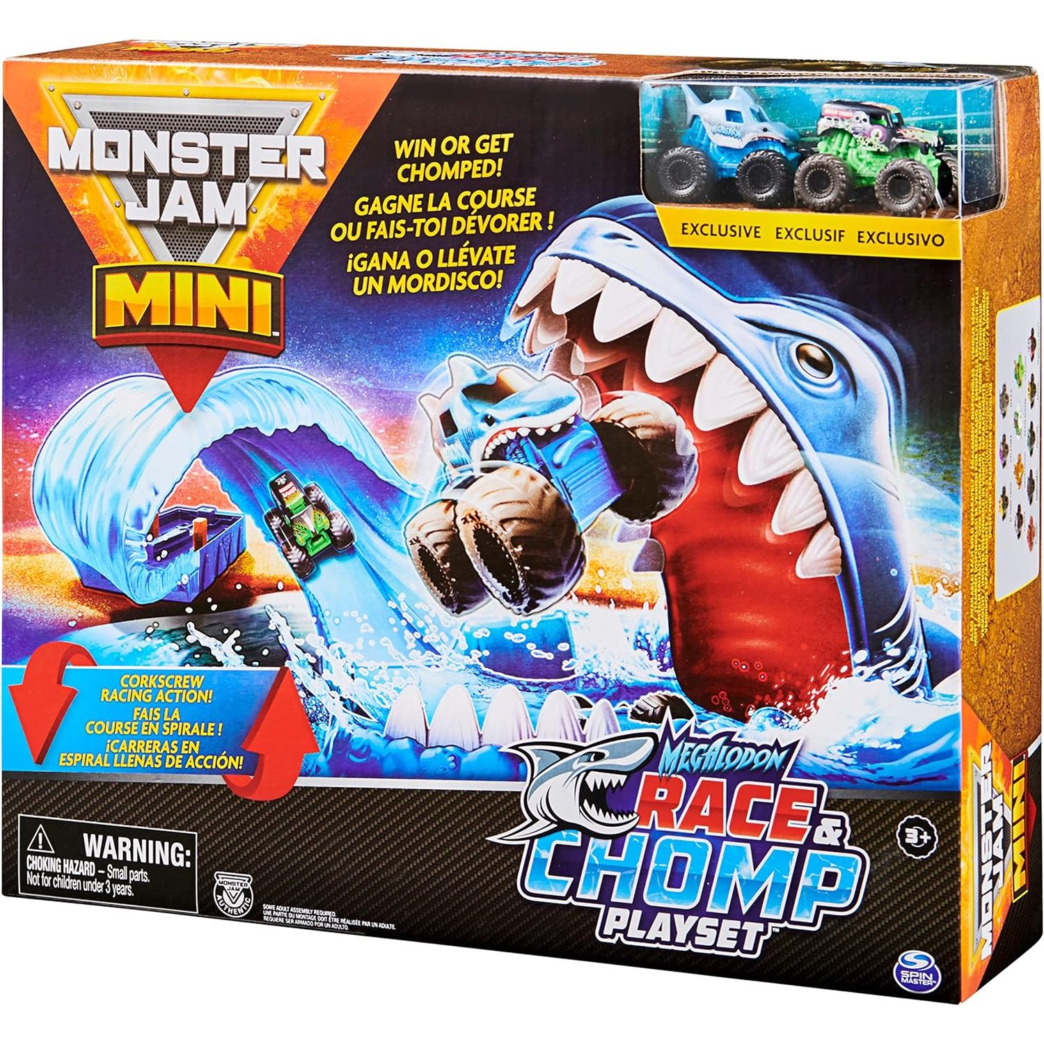 Spin Master Monster Jam, Mini Megalodon Race and Chomp Playset with 2 Monster Jam Mini Trucks, 1;87 Scale