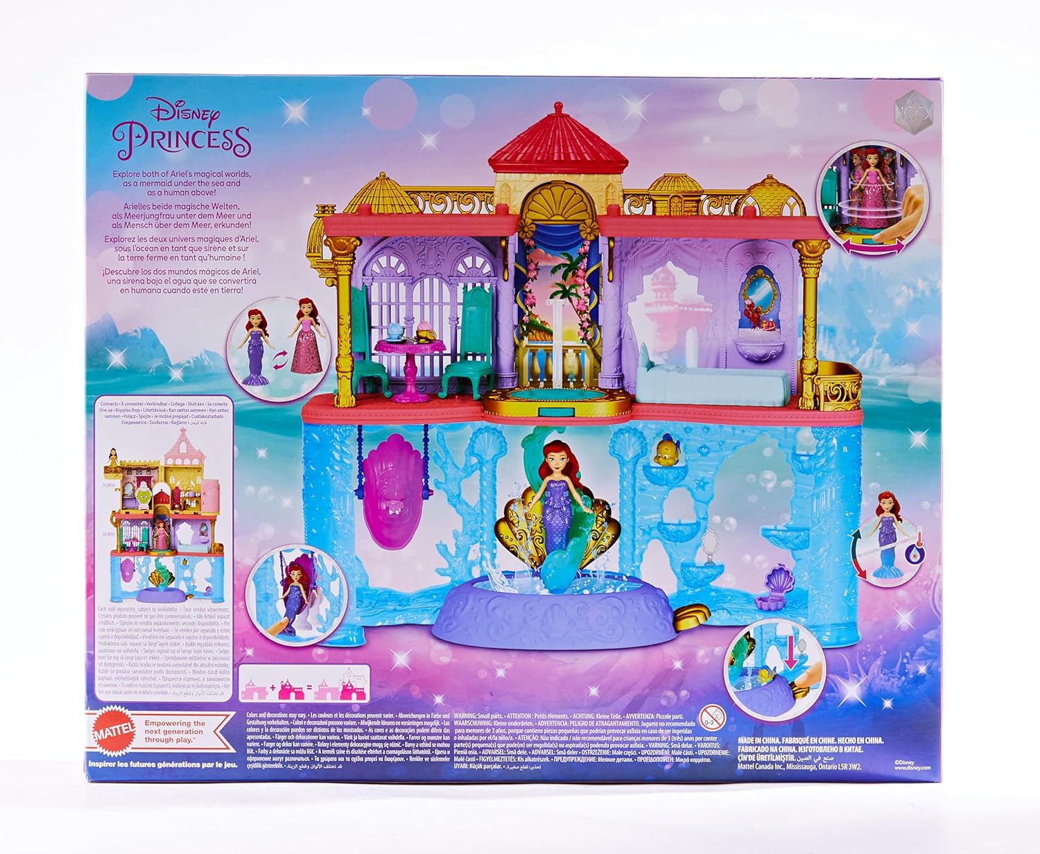 Mattel Disney Princess The Little Mermaid Toys, Ariel Doll House Stackable Castle with Land & Sea Levels, Small Doll, 1 Friend, 12 Pieces, Pool