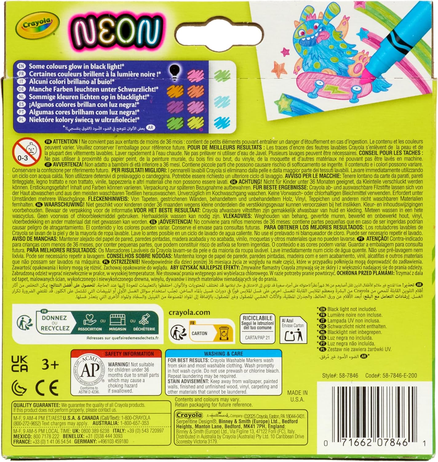 Back of a Crayola neon crayon pack with colorful illustrations 