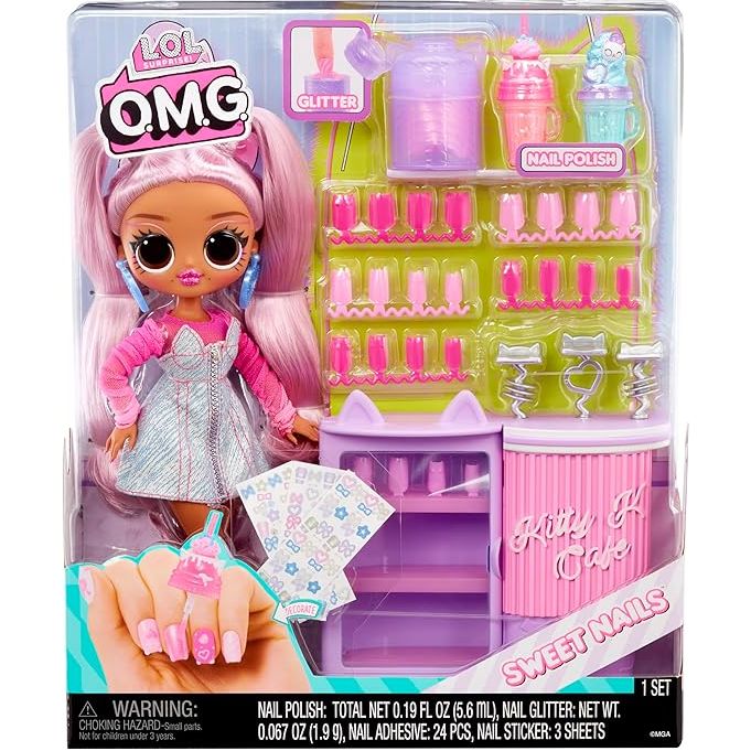 LOL Surprise OMG Sweet Nails – Kitty K Café with 15 Surprises, Including Real Nail Polish, Press On Nails, Sticker Sheets, Glitter, 1 Fashion Doll, and More!