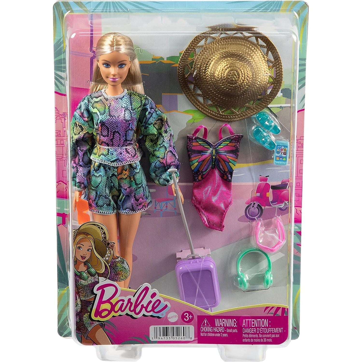 Barbie Doll & Accessories, Holiday Fun Summer Travel Doll with Rainbow Jogger Top and Shorts, Swimsuit, Luggage and More