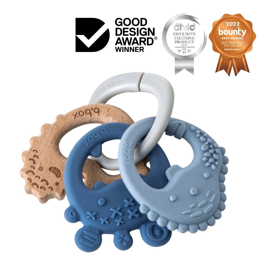 b.box Trio Teether with Silicone & Beechwood – Lullaby Blue