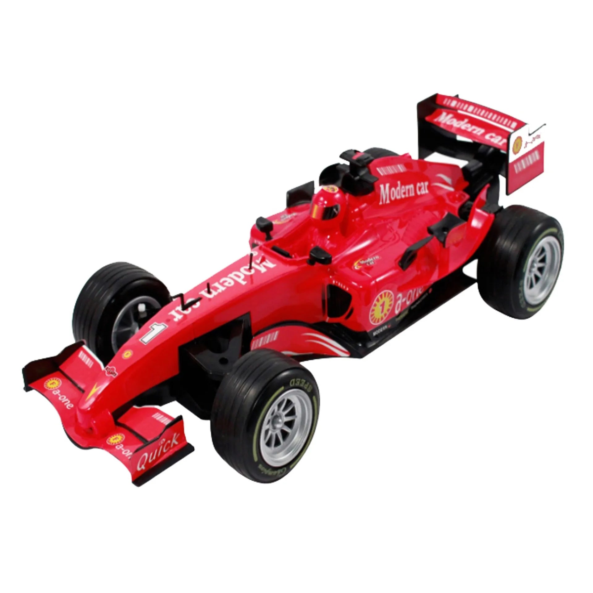 Red toy Formula 1 car with visible branding 