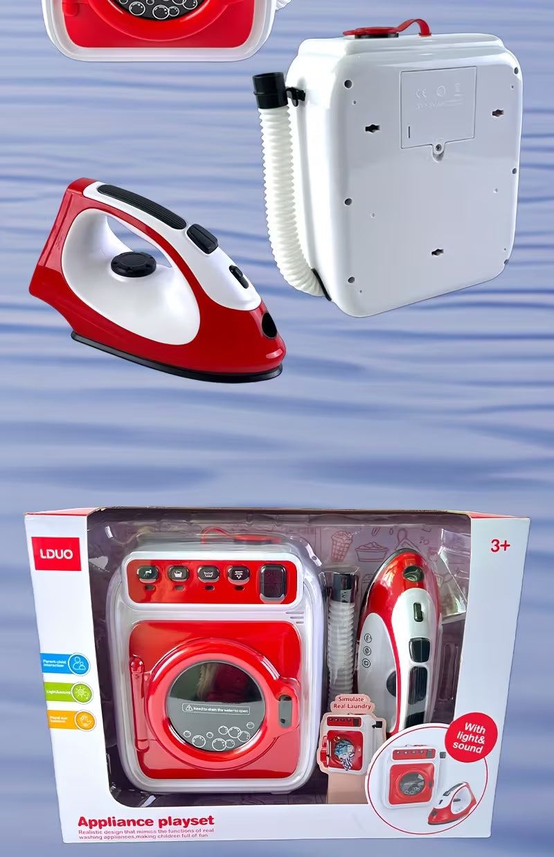 مجموعة لعب الأدوار للغسيل: غسالة ألعاب مع حركة دوران ومحاكاة مكواة بخارية 3+
