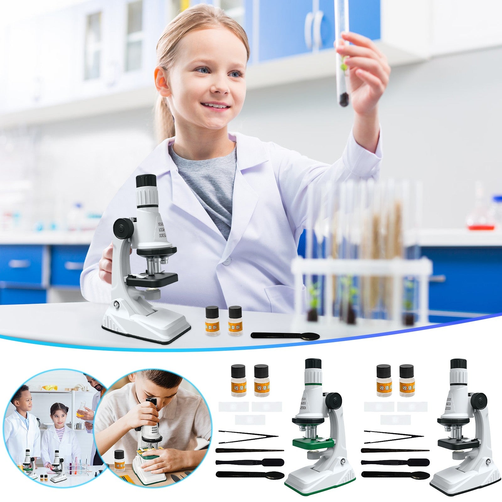 مجموعة مختبر العلوم للأطفال مع مجهر LED بقوة 1200X ومنظار وعدسة مكبرة للتعلم في مجالات العلوم والتكنولوجيا والهندسة والرياضيات