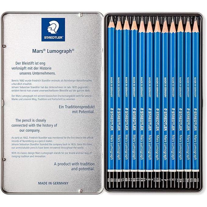 STAEDTLER Mars Lumograph Art Drawing Pencils, 12 Pack Graphite Pencils in Metal Case