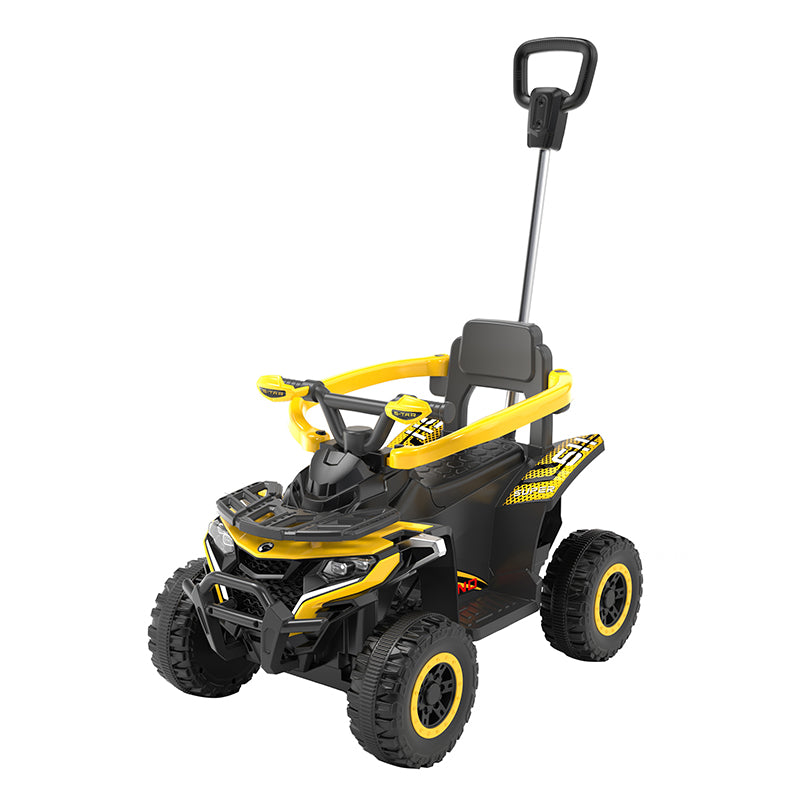 Kids Ride-On Car with Pushbar – Direction Control, Armrest & Footrest, Light & Music Features