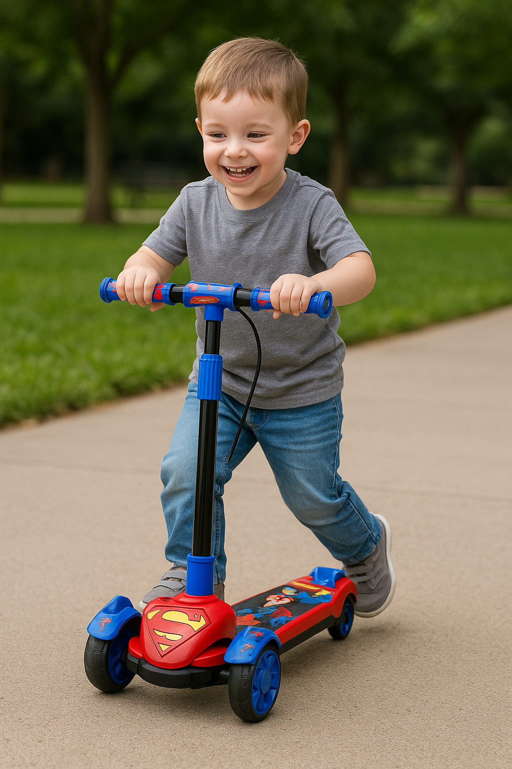 LED Foldable Kids Scooter and Adjustable Handlebar - Superman