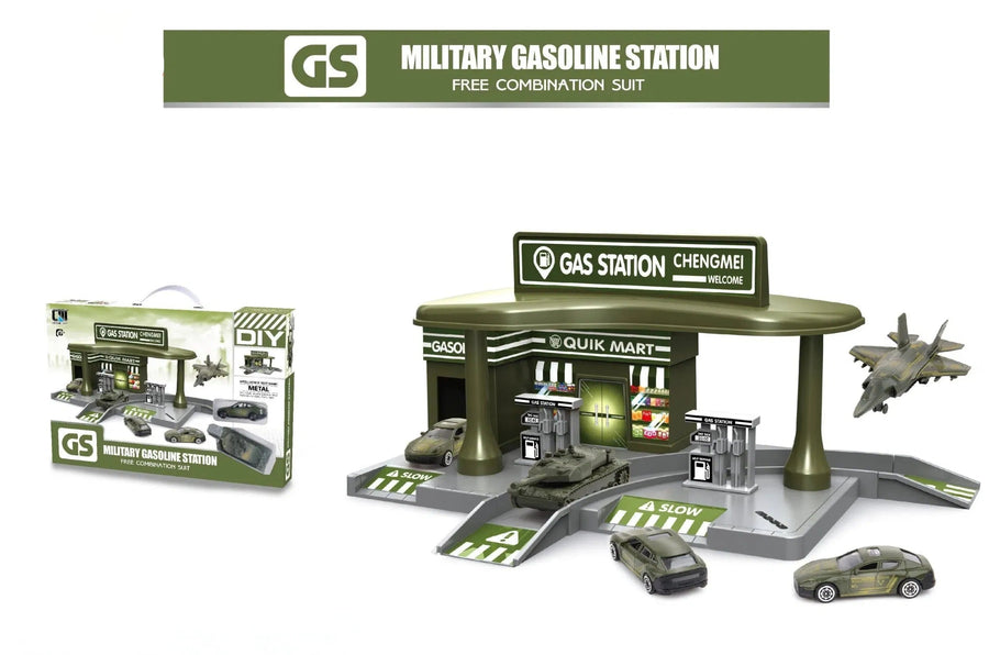 Gas Station & Military Firefighter Set with Metal Car