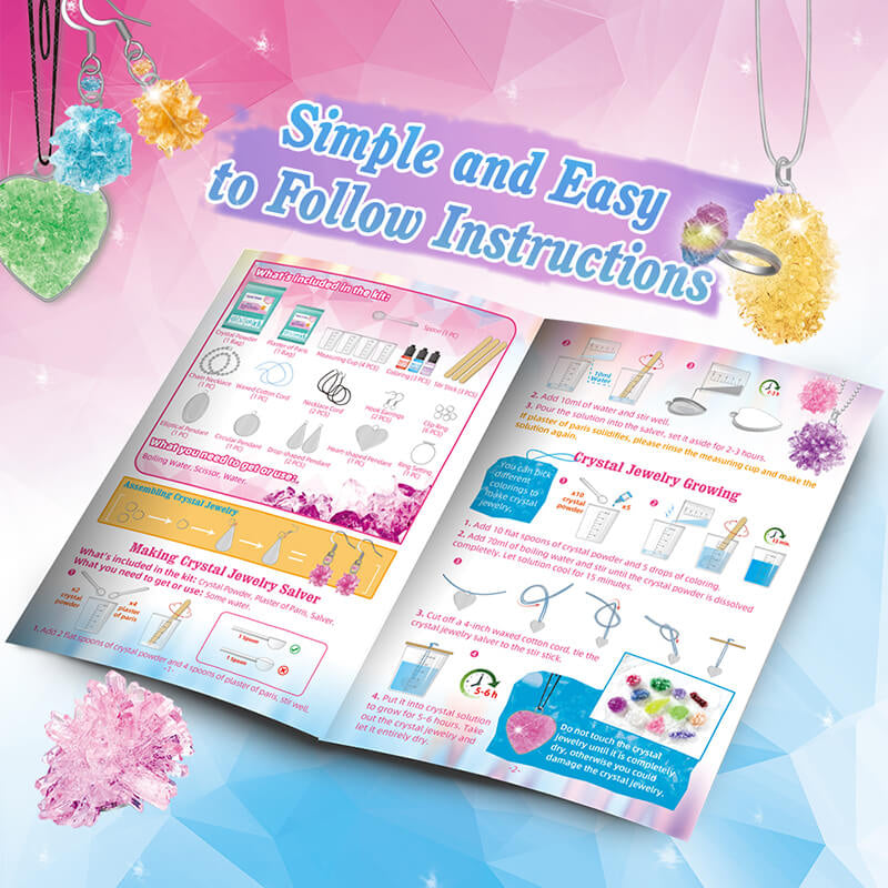 Open book with crystal jewelry-making instructions on a colorful background