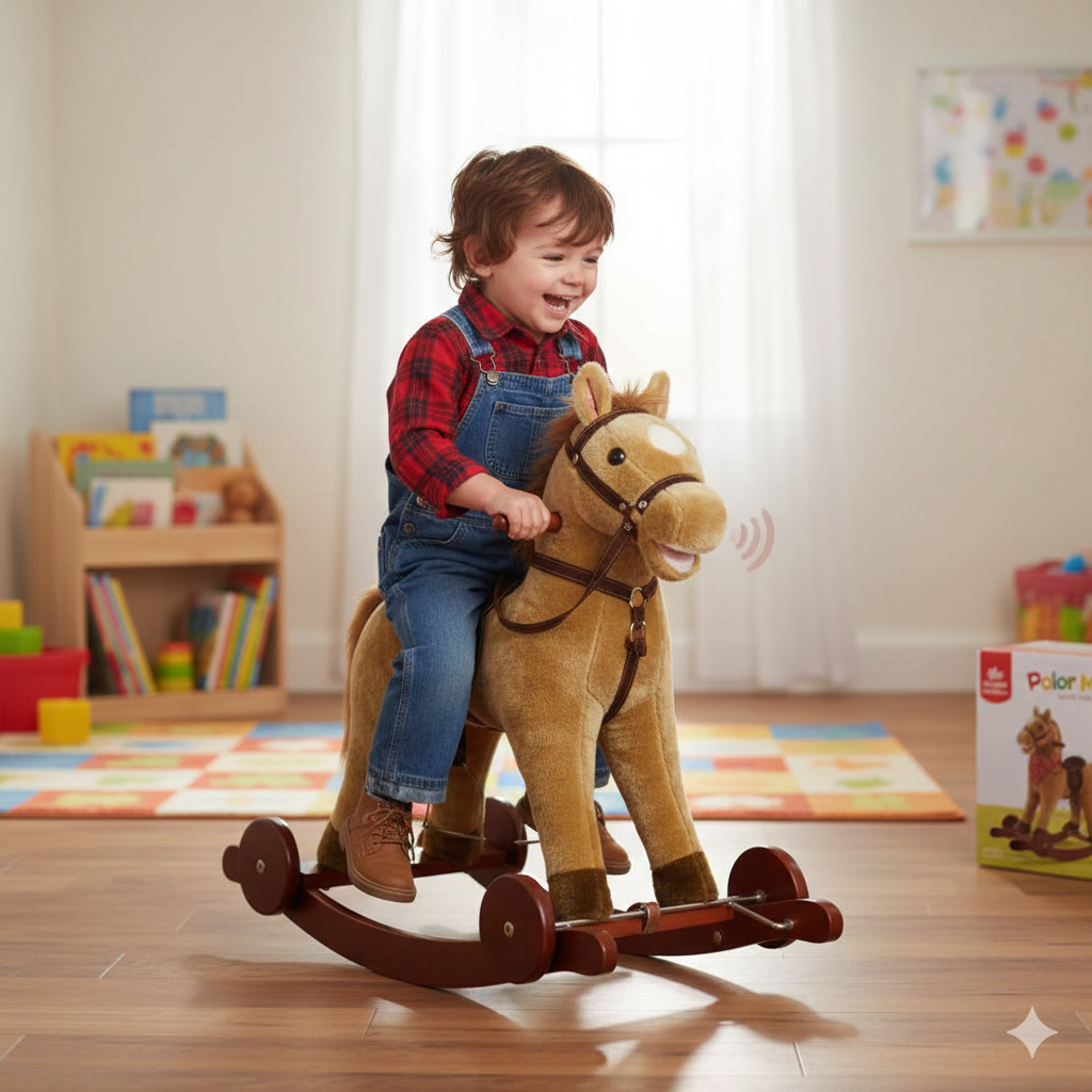 حصان هزاز ومتحرك تفاعلي 2 في 1 - بني فاتح مع منديل أحمر وسرج