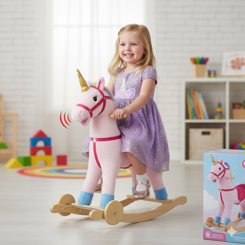 لعبة يونيكورن هزازة وراكبة 2 في 1 - لعبة تفاعلية باللونين الوردي والذهبي مع عرف أبيض